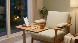 秋の夜のサロン風空間に、目線近くまで上げたスマートフォンと肘を支えるクッションを配したイメージ。