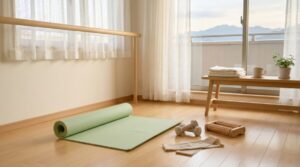 秋の自然光が差すサンルームに、運動用マットや軽いダンベル、身体をゆるめる道具を配したイメージ。