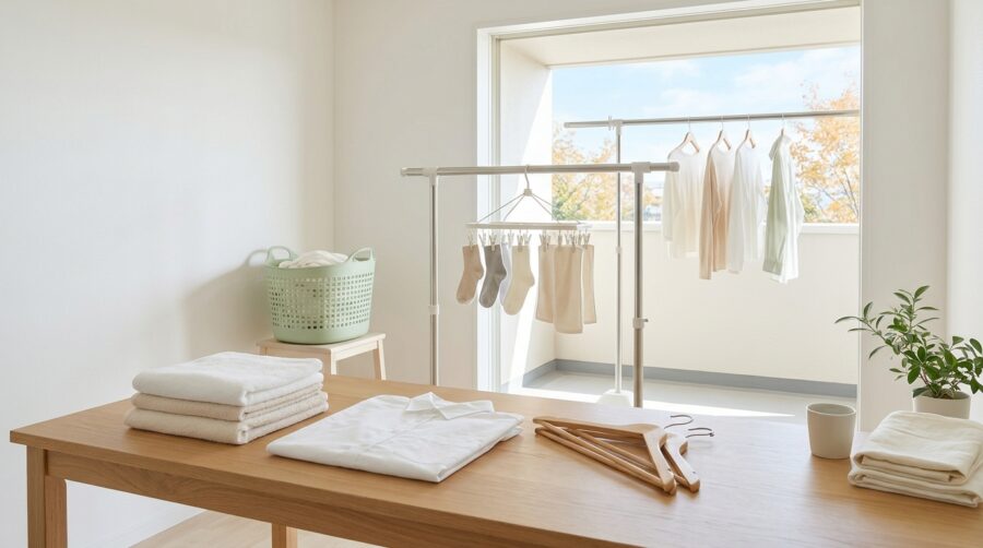秋晴れのランドリールームに、胸の高さの作業台と低く調整した物干しを配置したイメージ。